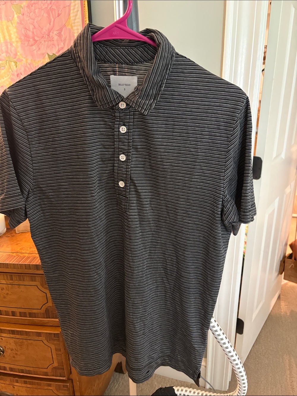 Billy Reid Men’s Black and Gray Narrow-Stripe Polo